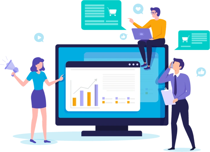 ilustracion de personas trabajando en finanzas y marketing